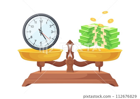 Time money balance. Balancing scales compare finance or life value, saving cost business work relationship weighing weight seesaw lifestyle choice cartoon scale vector illustration 112676829