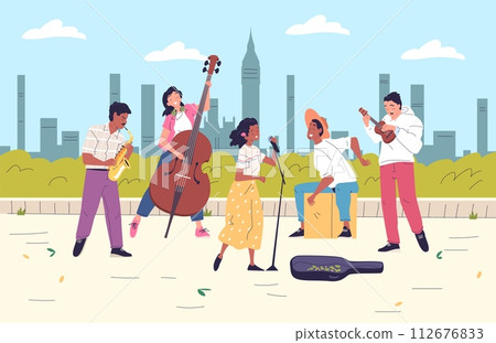 Street musician band. Young performers singing microphone playing musical instruments, outside concert in town square outdoor garden, busking musicians classy vector illustration 112676833
