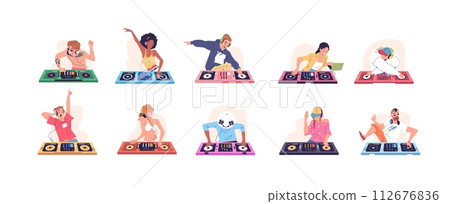 Dj characters. People musician in headphones mixing music turntable, nightlife club lifestyle woman man artist on nightclub mix party concert stage, set classy vector illustration 112676836