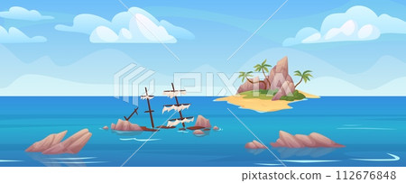 Uninhabited island. Empty desert islands tropical coast panoramic cartoon landscape, alone in caribbean sea after shipwreck robinson concept Uninhabited island. Empty desert islands tropical coast panoramic cartoon landscape, alone in caribbean sea after shipwreck robinson concept 112676848