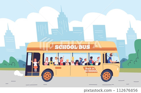 School excursion bus. Yellow schoolbus elementary student or preschool kid tripping auto transport, studying children travelling trip on picnic and back in town vector illustration 112676856