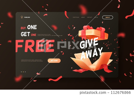 3d giveaway gift. Give away winning prizes announcement banner, amazing exploding giftbox winner celebrate congratulations, buy 1 get one free bonus realistic vector illustration 112676866