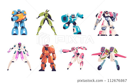 Cyborg soldier. Man in robot exoskeleton, alien robotics technology armor hero character for action game, futuristic battle warrior robots 112676867