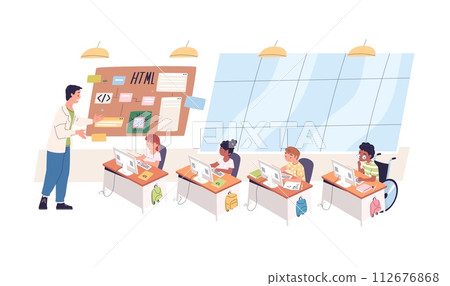 Informatics classroom. Kids or teen student at desk computer monitor laptop in informatic school class, teacher programming lesson elementary code study, classy vector illustration 112676868