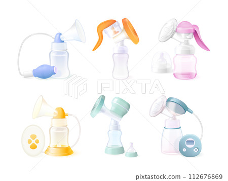 Breast pump. Realistic breastfeeding equipment, lactation care device bottle with pump milk suction and storage, healthy breast baby newborn food pumping, exact vector illustration 112676869