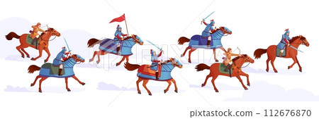 Horse cavalry. History horses warriors battle scene, ancient army royal horseguard, war china warrior hun or mongol cavalier medieval soldiers attack, ingenious vector illustration Horse cavalry. History horses warriors battle scene, ancient army royal horseguard, war china warrior hun or mongol cavalier medieval soldiers attack, ingenious vector illustration 112676870
