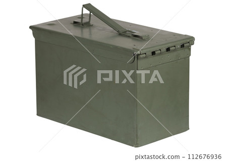 US army green metal ammo can for gun cartridges. 112676936