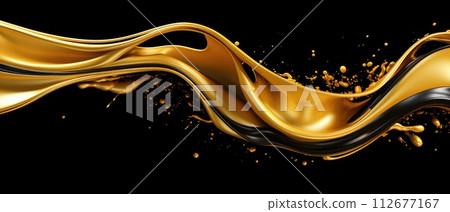 Gold color acrylic paint flowing down over a black background, dripping golden liquid. Digital art, Ai Generated. Gold color acrylic paint flowing down over a black background, dripping golden liquid. Digital art, Ai Generated. 112677167