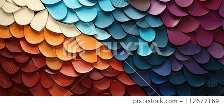 Abstract wooden mosaic wall texture background with captivating wood waves and vibrant colors, Ai Generated. 112677169