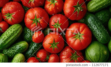 A bountiful heap of whole wet tomatoes and cucumbers, creating a seamless background perfect for wrappers, Ai Generated. 112677171