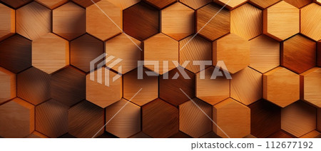 A captivating abstract backdrop featuring hexagonal geometric patterns in wood, ideal for creating a unique and visually appealing banner illustration, Ai Generated. 112677192