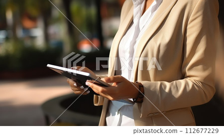 Focused businesswoman working with tablet in natural daylight, closeup shot, realistic photo, Ai Generated. 112677229
