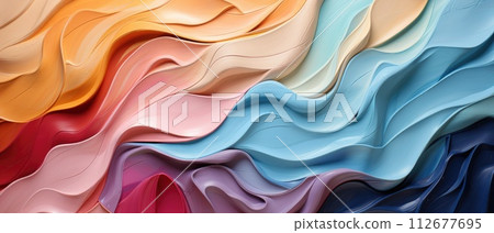 Captivating closeup showcasing an abstract rough art painting texture with vibrant yellow, blue, and pink colors, Ai Generated. 112677695