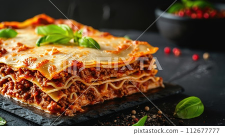 Traditional lasagna with beef bolognese and bechamel sauce, garnished with basil, Ai Generated. 112677777