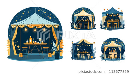 AI-generated content. Event parties tents cartoon concepts vector set. Open space bar counter stools drinks cocktails accessories, garland night sky stars elements, illustrations isolated on white AI-generated content. Event parties tents cartoon concepts vector set. Open space bar counter stools drinks cocktails accessories, garland night sky stars elements, illustrations isolated on white 112677839