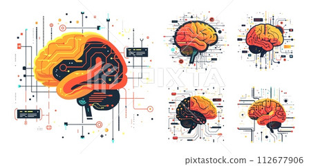 AI-generated content. Digital brain concepts cartoon style vector set. Artificial consciousness thinking wires data streams organ intelligence, illustrations isolated on white background AI-generated content. Digital brain concepts cartoon style vector set. Artificial consciousness thinking wires data streams organ intelligence, illustrations isolated on white background 112677906