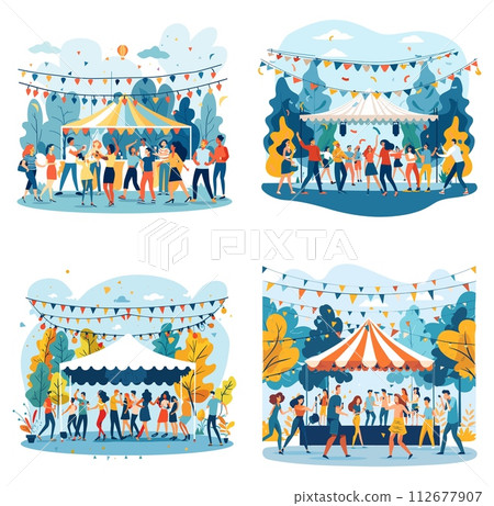 AI-generated content. Dancing festival party scenes picturesque cartoon vector set. Open air under tent crowd disco people nature landscape trees holidays illustrations isolated on white background AI-generated content. Dancing festival party scenes picturesque cartoon vector set. Open air under tent crowd disco people nature landscape trees holidays illustrations isolated on white background 112677907