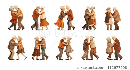 AI-generated content. Dancing elderly people cartoon vector set. Man women holding hands romantic embrace characters, retro illustrations isolated on white background AI-generated content. Dancing elderly people cartoon vector set. Man women holding hands romantic embrace characters, retro illustrations isolated on white background 112677908