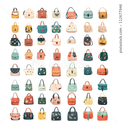 AI-generated content. Bags cartoon vector set. Storage womens fashion accessories different models floral patterns design illustrations isolated on white background 112677946