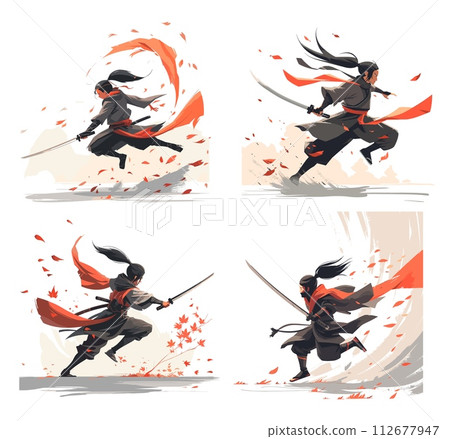 AI-generated content. Asian warrior cartoon style vector concepts. Ancient east japan china active pose sword character anime ninja shinobi fencer soldier, illustrations isolated on white background AI-generated content. Asian warrior cartoon style vector concepts. Ancient east japan china active pose sword character anime ninja shinobi fencer soldier, illustrations isolated on white background 112677947