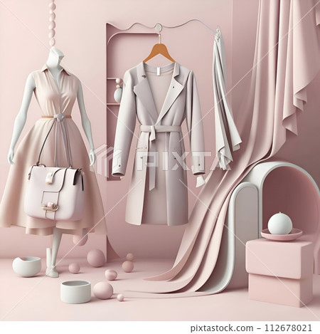 fashionable female clothes against dust pink background. conceptual digital artwork for branding and marketing fashion brands. Ai generated 112678021