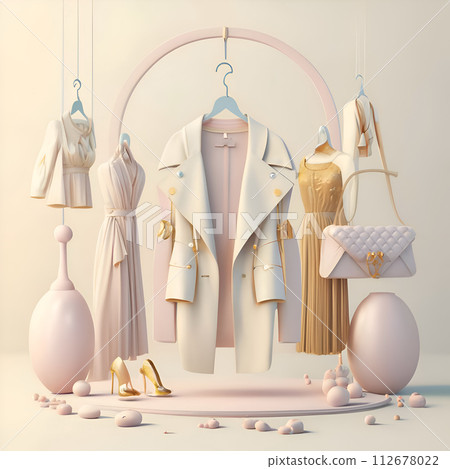 fashionable female clothes against dust pale lemon background. conceptual digital artwork for branding and marketing fashion brands. Ai generated 112678022