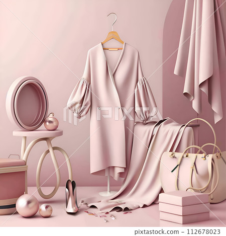 fashionable female clothes against dust pale pink background. conceptual digital artwork for branding and marketing fashion brands. Ai generated 112678023