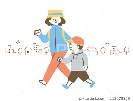 一個男孩和他的母親戴著帽子外出 一個男孩和他的母親戴著帽子外出 112678509