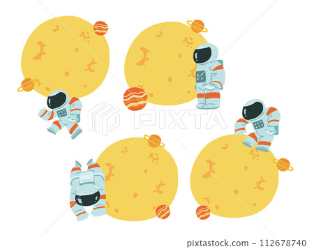 Pop frame illustration set of people in spacesuits, the moon and planets 112678740