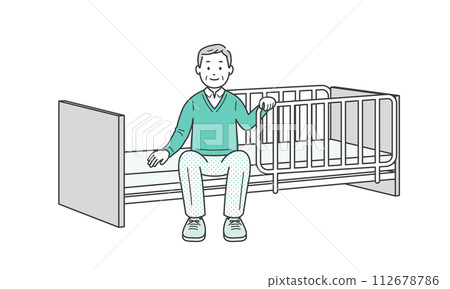 Illustration of an elderly man sitting at the bedside and a nursing care bed 112678786