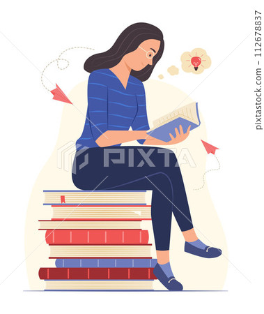 Woman Sitting on Stack of Books and Thinking Creative Idea while Reading a Book Concept Illustration Woman Sitting on Stack of Books and Thinking Creative Idea while Reading a Book Concept Illustration 112678837