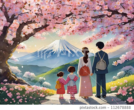 A family enjoying cherry blossom viewing under the cherry blossom trees in full bloom 112678888