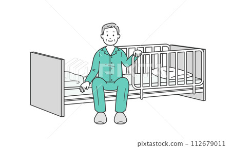 Illustration of an elderly man sitting at the bedside and a nursing care bed 112679011