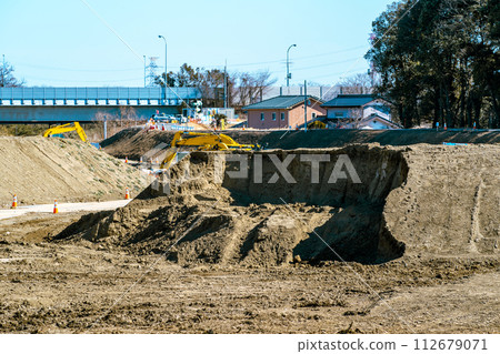 Riverbed revetment construction and construction vehicles Miyako Ikugawa 2024.02 a-3 light color 112679071