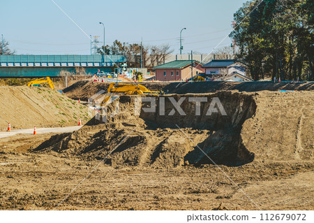 Riverbed revetment construction and construction vehicles Miyako River 2024.02 A-4 Film style Riverbed revetment construction and construction vehicles Miyako River 2024.02 A-4 Film style 112679072