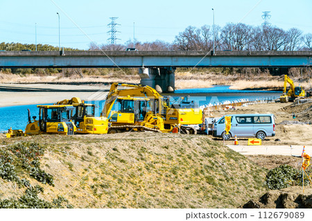Riverbed revetment construction and construction vehicles Miyako Ikugawa 2024.02 d-3 light color 112679089