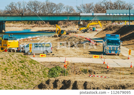 Riverbed revetment construction and construction vehicles Miyako River 2024.02 e-4 Film style Riverbed revetment construction and construction vehicles Miyako River 2024.02 e-4 Film style 112679095