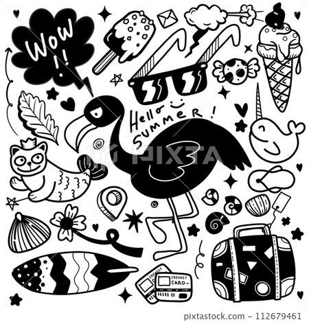 Summer Vibes in Whimsical Black and White Doodle, Illustration Vector Summer Vibes in Whimsical Black and White Doodle, Illustration Vector 112679461