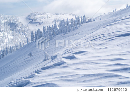 Moriyoshiyama in winter, beautiful Shukabura and frost-covered trees, Akita Prefecture 112679630