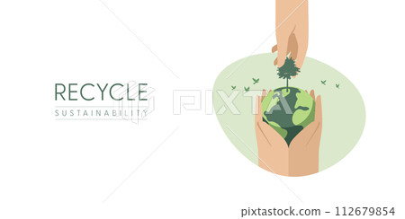 Human hands holding Earth globe to Planting the tree. Earth Day, World Environment and Save the Earth concept. Sustainable ecology and environment conservation concept design. Vector illustration. 112679854
