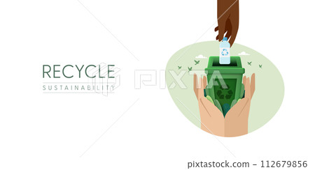 Recycle Concept. Human Hand collecting plastic Bottle into recycling garbage bin. Plastic pollution problem concept. Vector Illustration. 112679856