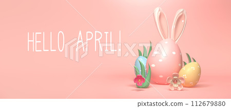 Hello April message with Easter eggs and rabbit ears 112679880