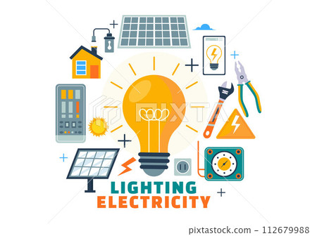 Lighting and Electricity Vector Illustration with Lamp and Energy Maintenance Service Panel Cabinet of Technician Electrical Work on Flat Background Lighting and Electricity Vector Illustration with Lamp and Energy Maintenance Service Panel Cabinet of Technician Electrical Work on Flat Background 112679988