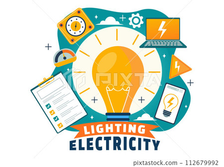 Lighting and Electricity Vector Illustration with Lamp and Energy Maintenance Service Panel Cabinet of Technician Electrical Work on Flat Background 112679992