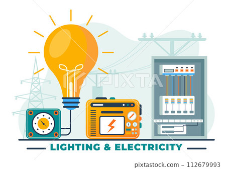 Lighting and Electricity Vector Illustration with Lamp and Energy Maintenance Service Panel Cabinet of Technician Electrical Work on Flat Background 112679993