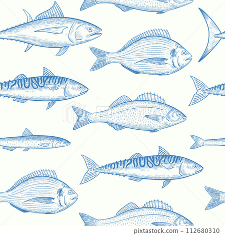 Seamless pattern with sea fishes species. Seafood fish. Vector illustration in retro engraving style. 112680310
