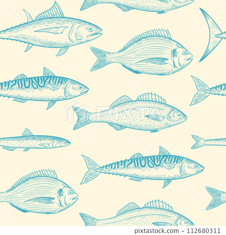 Seamless pattern with sea fishes species. Seafood fish. Vector illustration in retro engraving style. 112680311