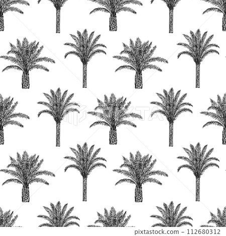 Seamless pattern with palm trees trees and leaves. Toile de Jouy retro engraving style. 112680312