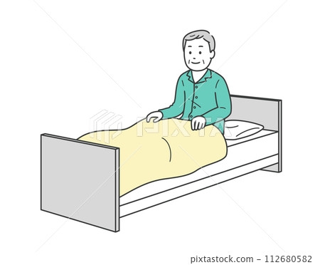 一位穿著睡衣的微笑老人起床和一張護理床 一位穿著睡衣的微笑老人起床和一張護理床 112680582