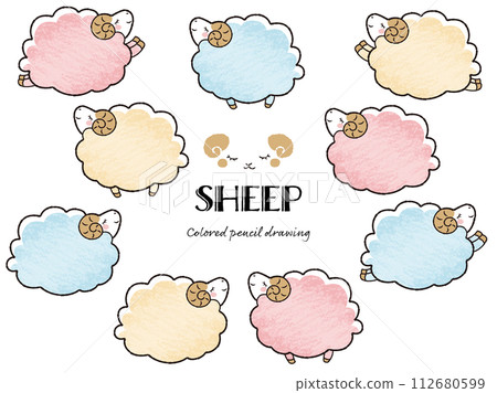 簡單可愛的一套毛茸茸的羊，閉著眼睛（橫向），色鉛筆觸感 112680599
